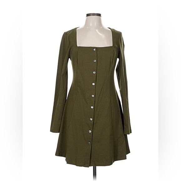 Rihoas Green Button Down Square Neck Long sleeve Dress - Picture 3 of 6